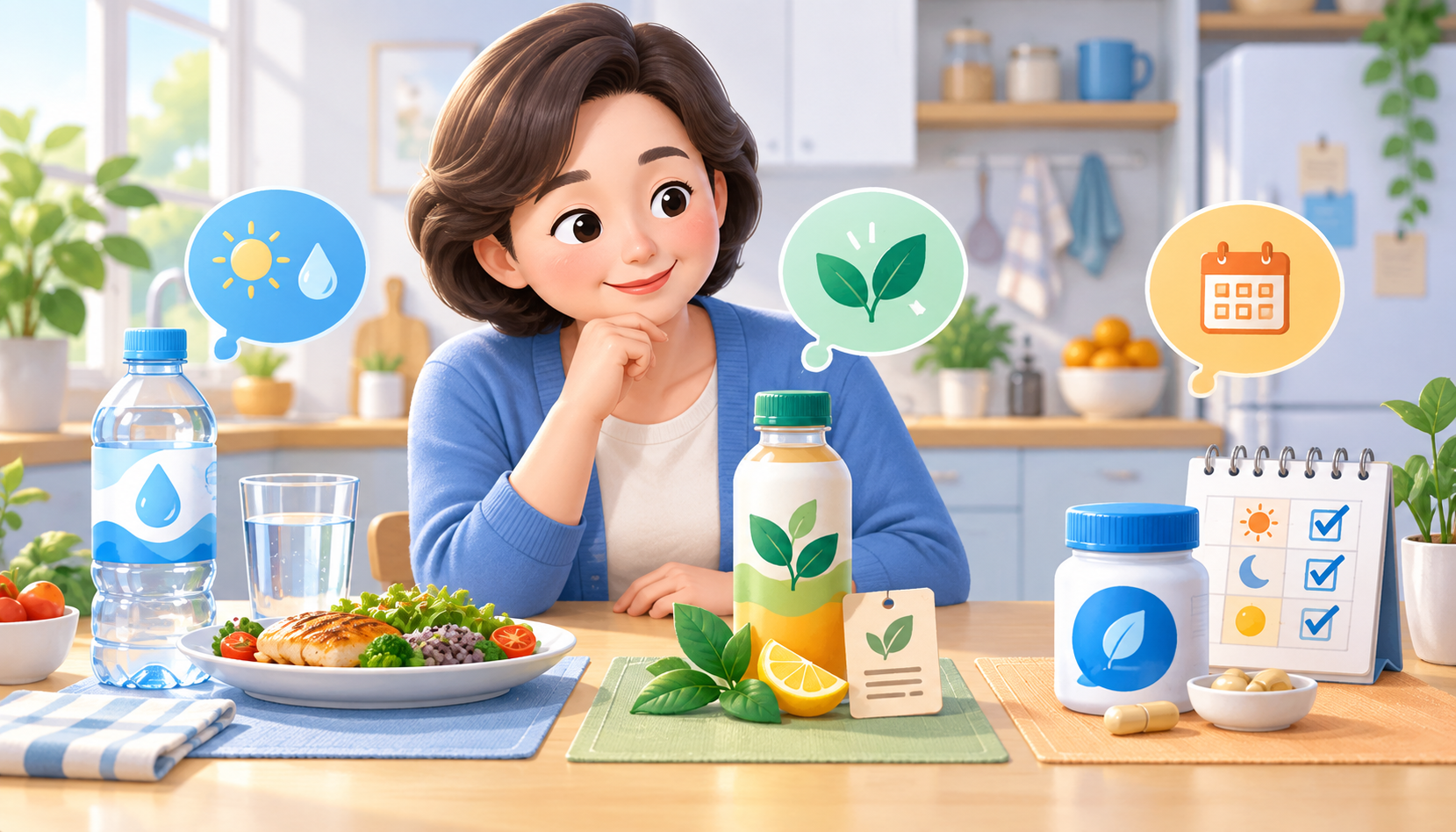 식사와 식품의 섭취 목적을 생각하는 일러스트