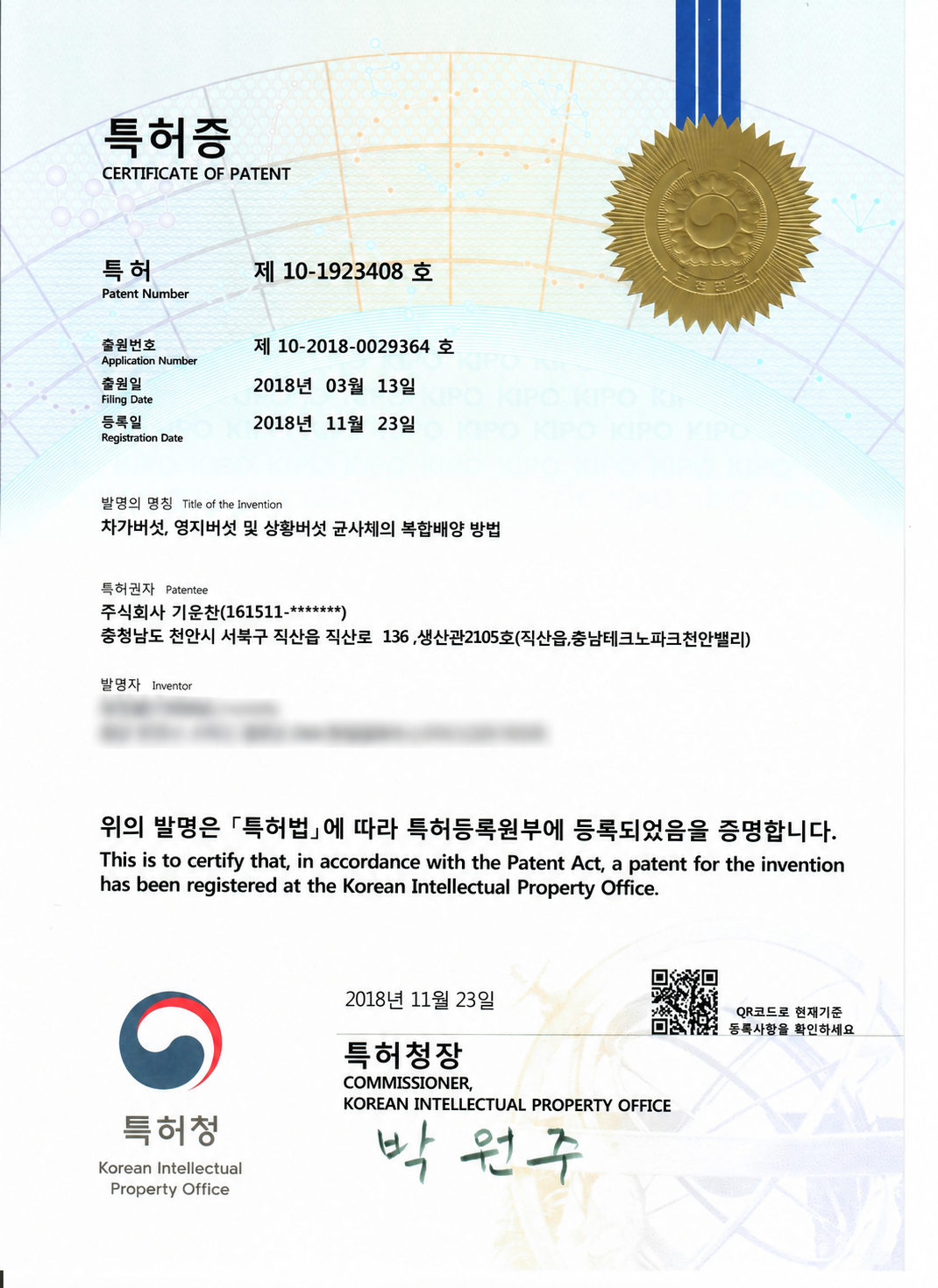대한민국 10-1923408 차가버섯, 영지버섯 및 상황버섯 균사체의 복합배양 방법